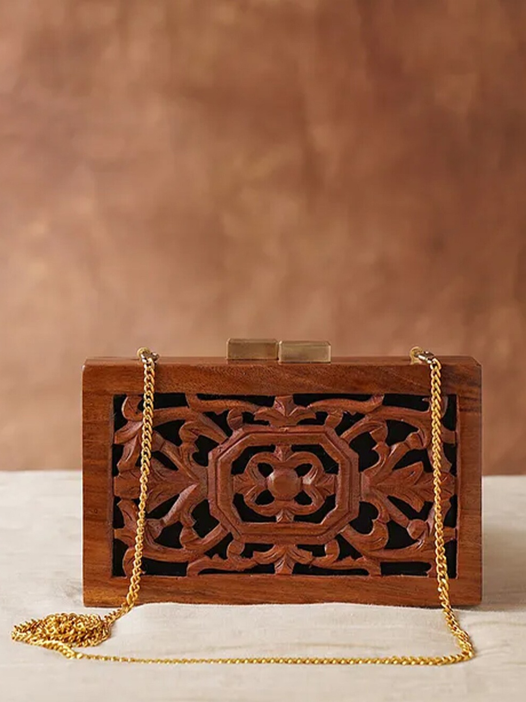 

Jalwa Art Cut Work Box Clutch With Shoulder Strap, Brown