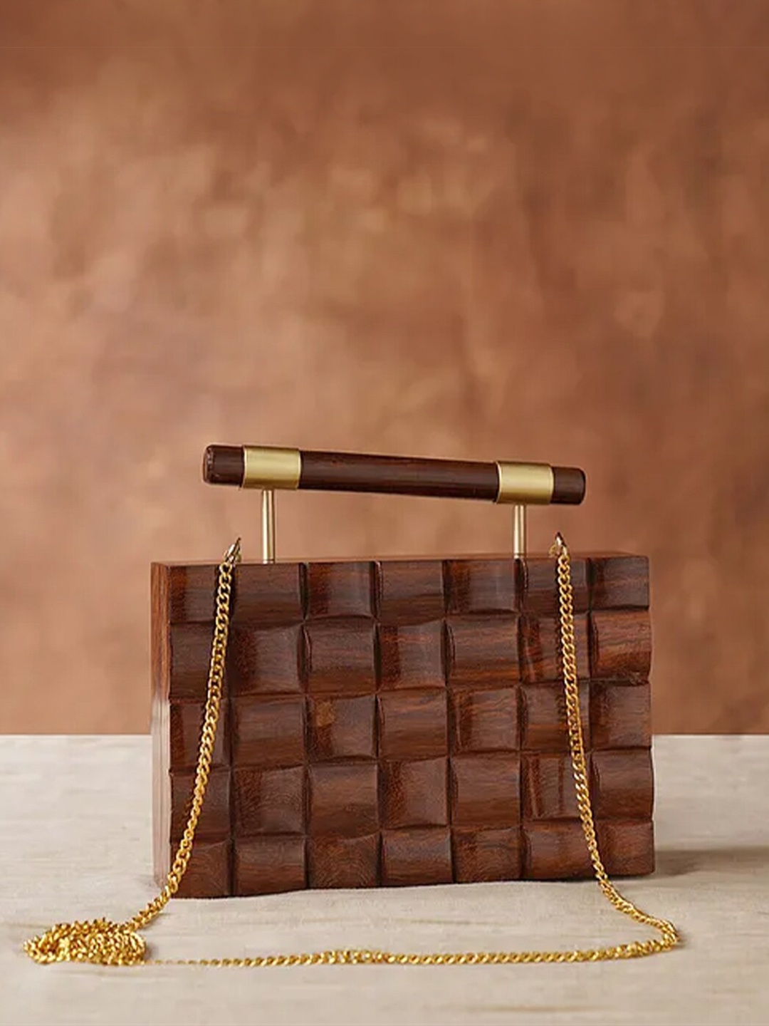 

Jalwa Art Cut Work Wooden Box Clutch With Shoulder Strap, Brown