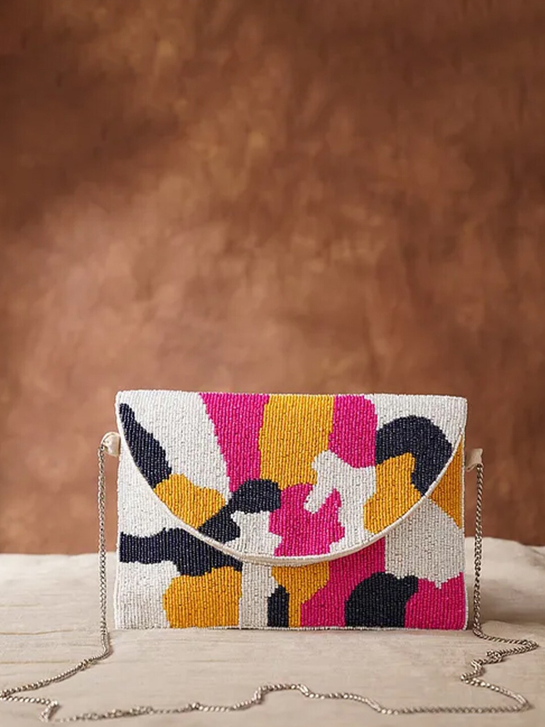 

Jalwa Art Embellished Jute Envelope Clutch With Shoulder Strap, White