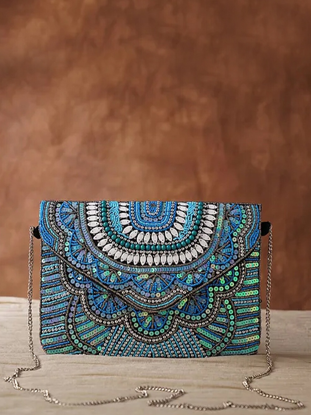 

Jalwa Art Embellished Envelope Clutch With Shoulder Strap, Blue