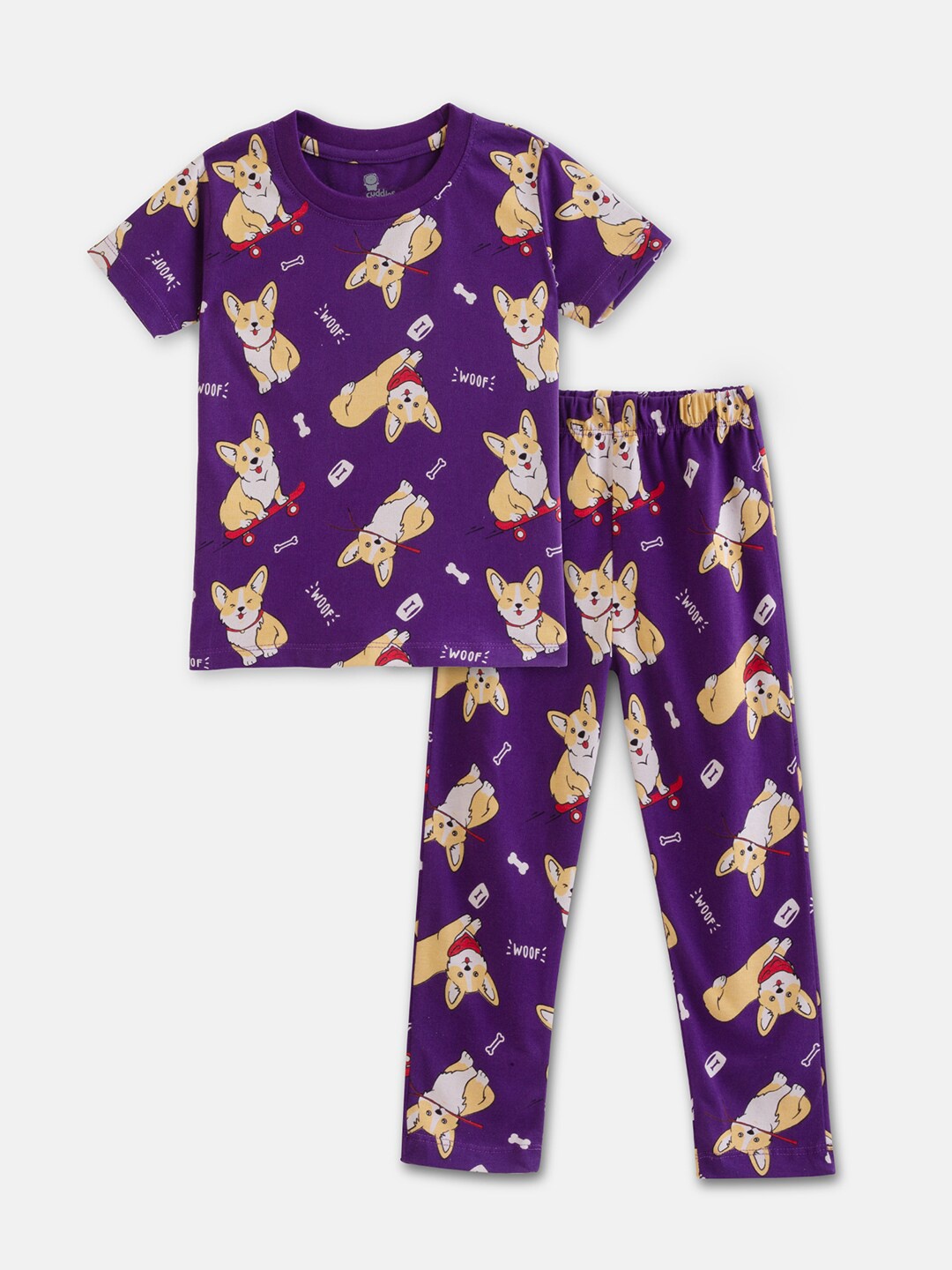 

Cuddles for Cubs Kids Printed Pure Cotton T-shirt With Pyjamas, Purple