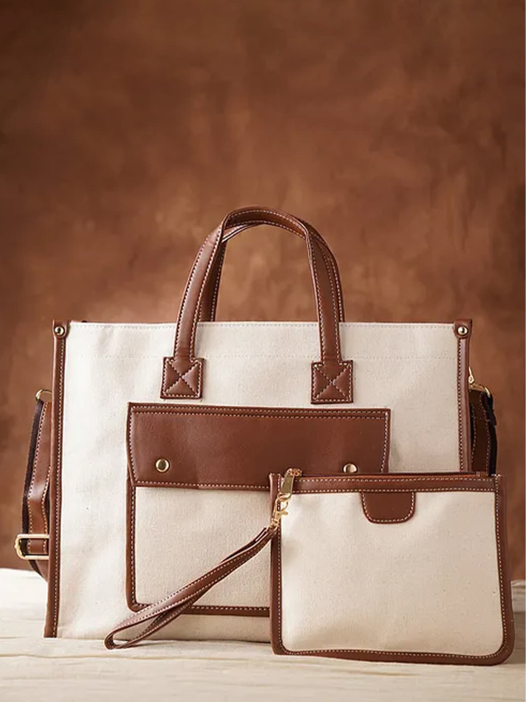 

Jalwa Art Colourblocked Shopper Handheld Bag with Pouch, Off white