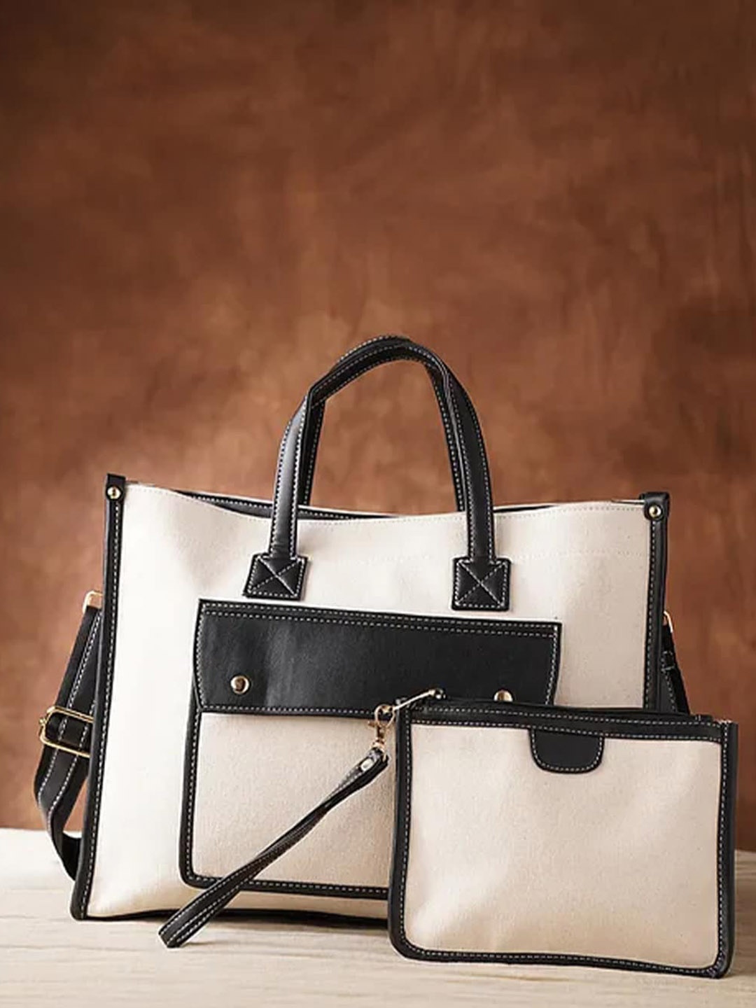 

Jalwa Art Colourblocked Shopper Handheld Bag with Pouch, Off white