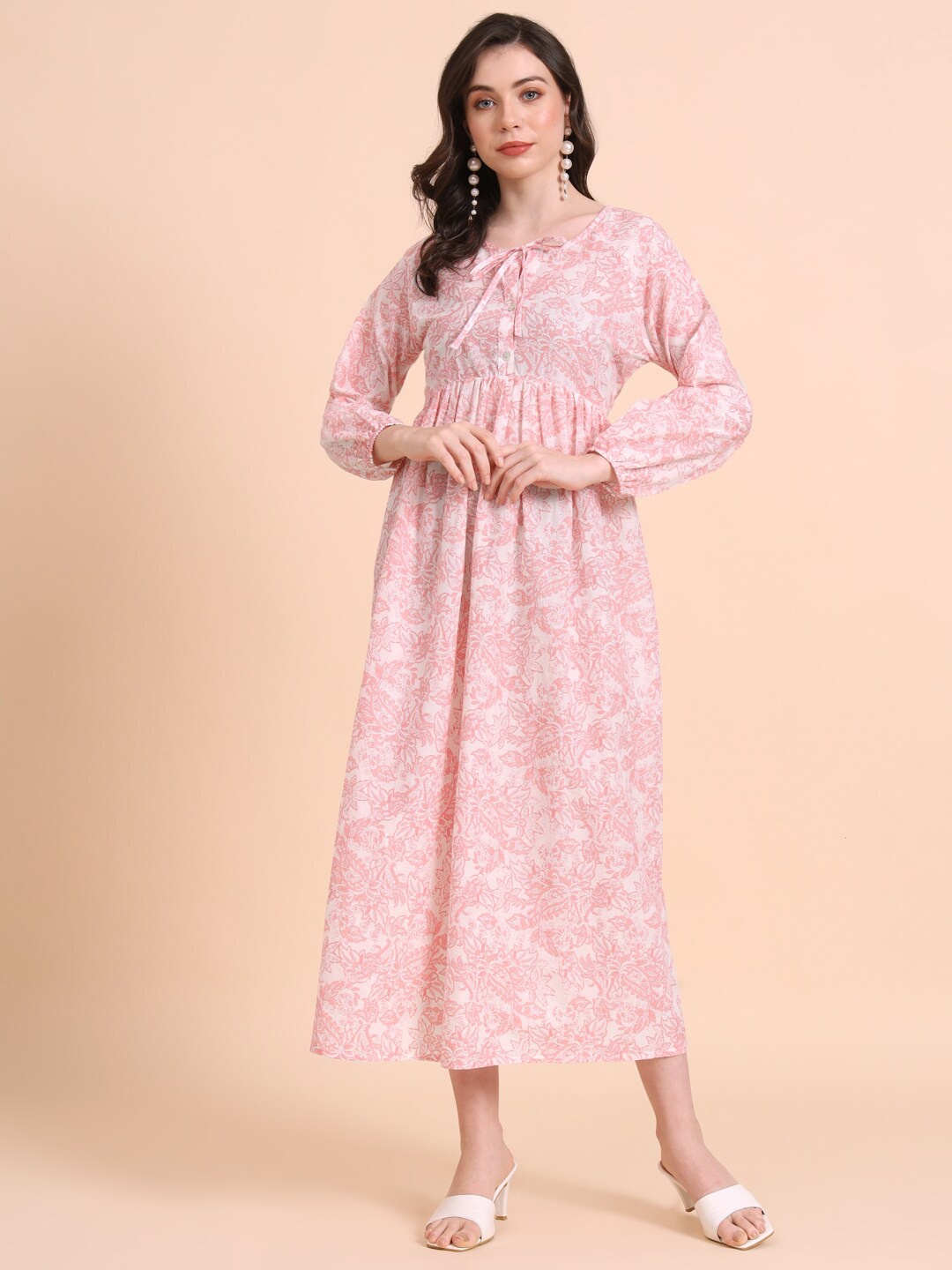 

HERE&NOW Pink Floral Printed Cotton Fit & Flare Dress