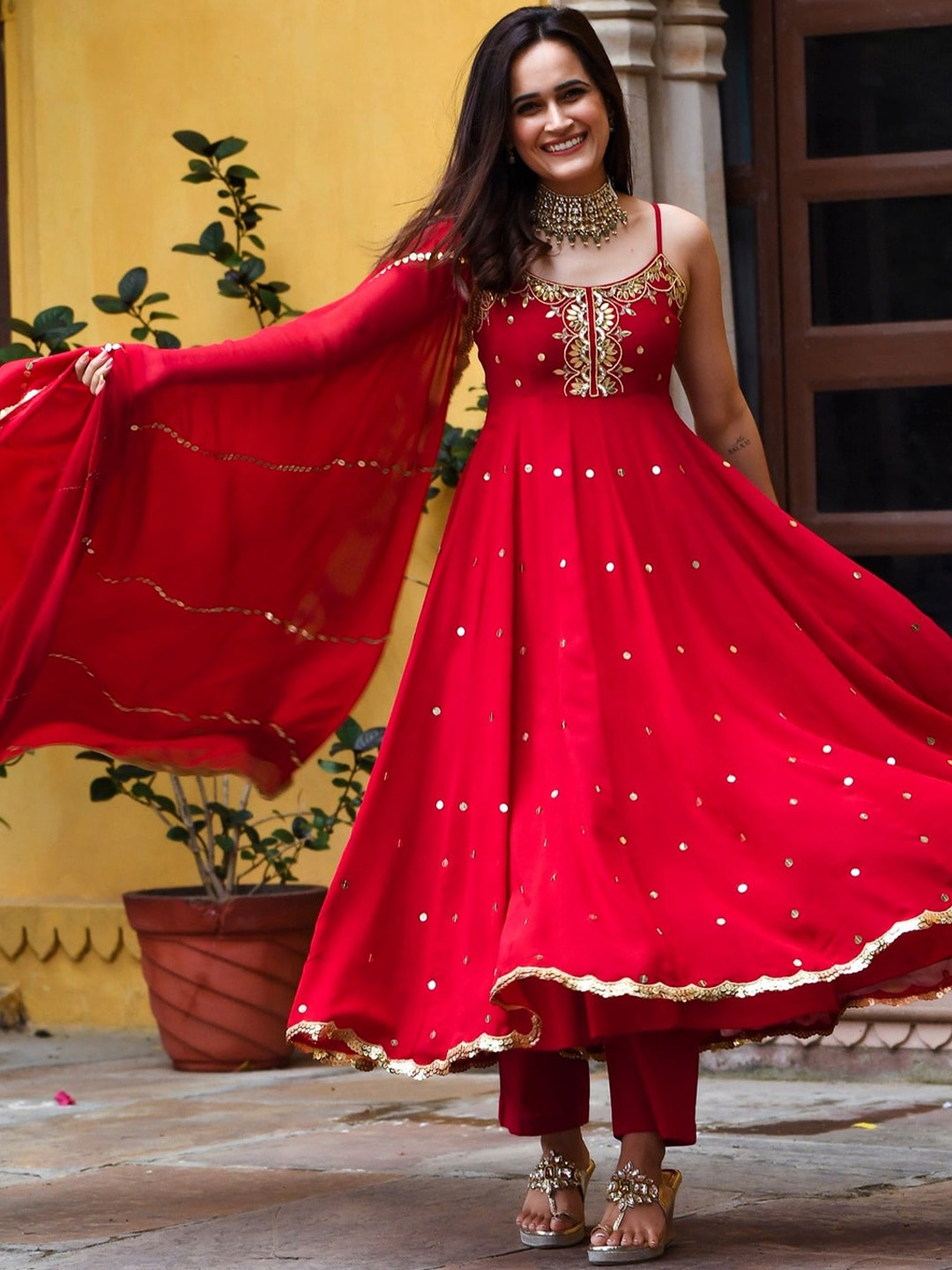 

Urbanstree Ethnic Motifs Printed Mirror Work Georgette Kurta With Trousers & Dupatta, Red