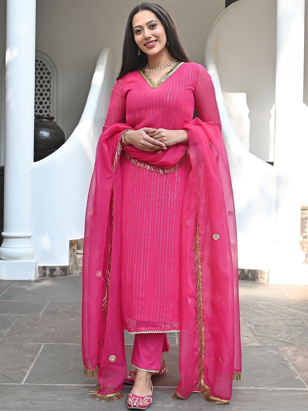 Urbanstree Embroidered Striped Beads and Stones Kurta With Trousers & Dupatta, Pink