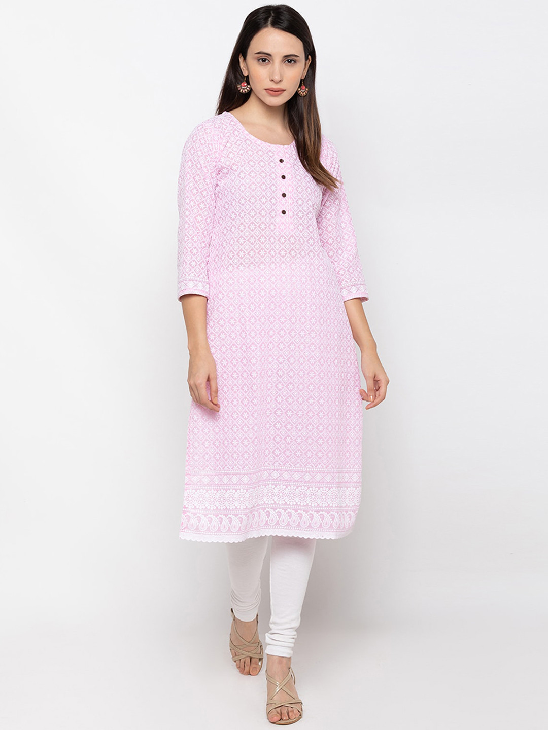 

ODETTE Ethnic Motifs Embroidered Thread Work Straight Kurta, Pink
