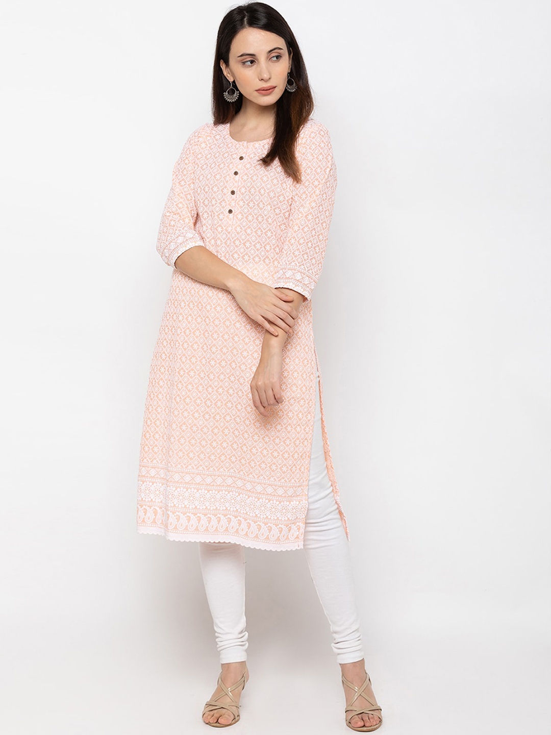 

ODETTE Ethnic Motifs Embroidered Straight Kurta, Peach
