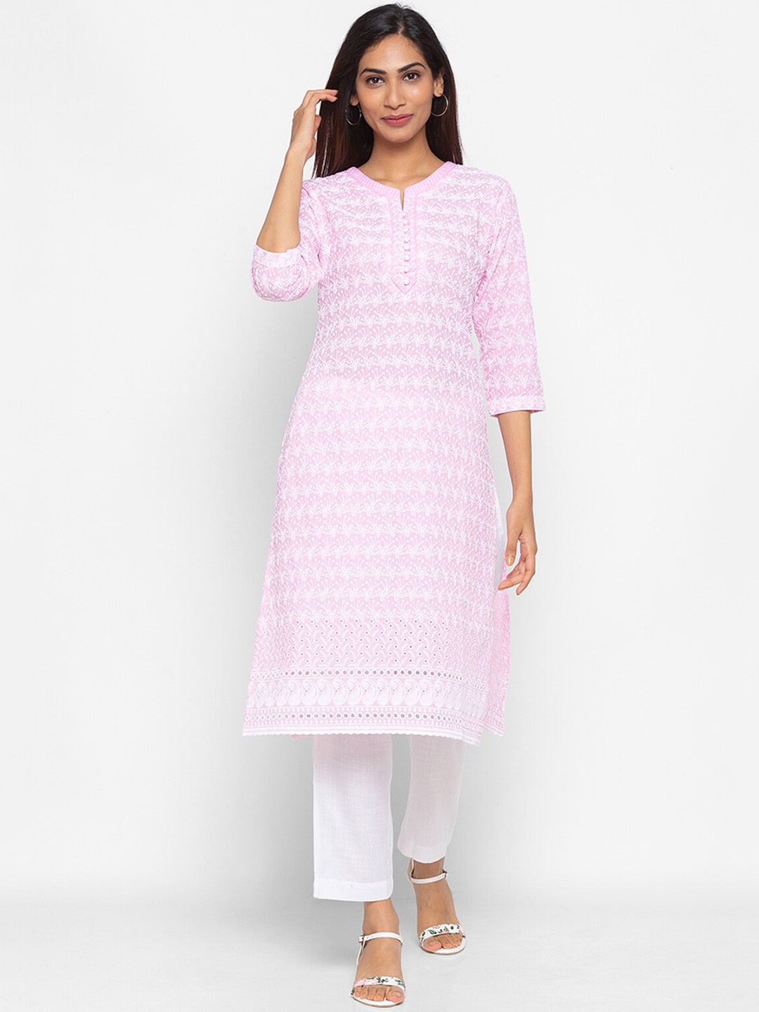 

ODETTE Women Pink Geometric Embroidered Chikankari Kurta