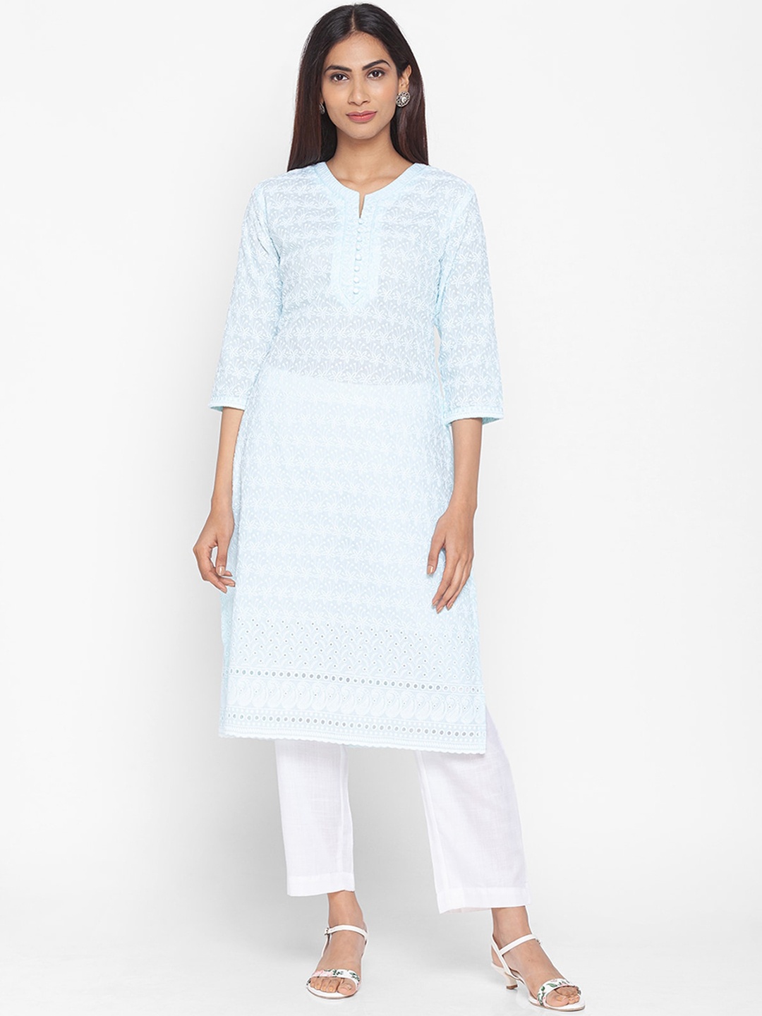 

ODETTE Ethnic Motifs Embroidered Straight Kurta, Blue