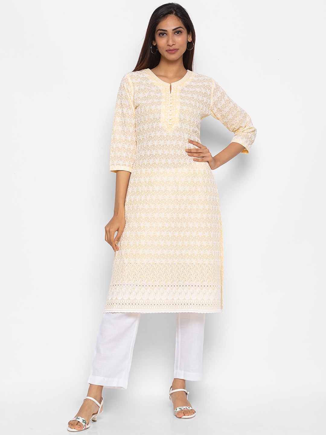 

ODETTE Ethnic Motifs Embroidered Straight Kurta, Yellow