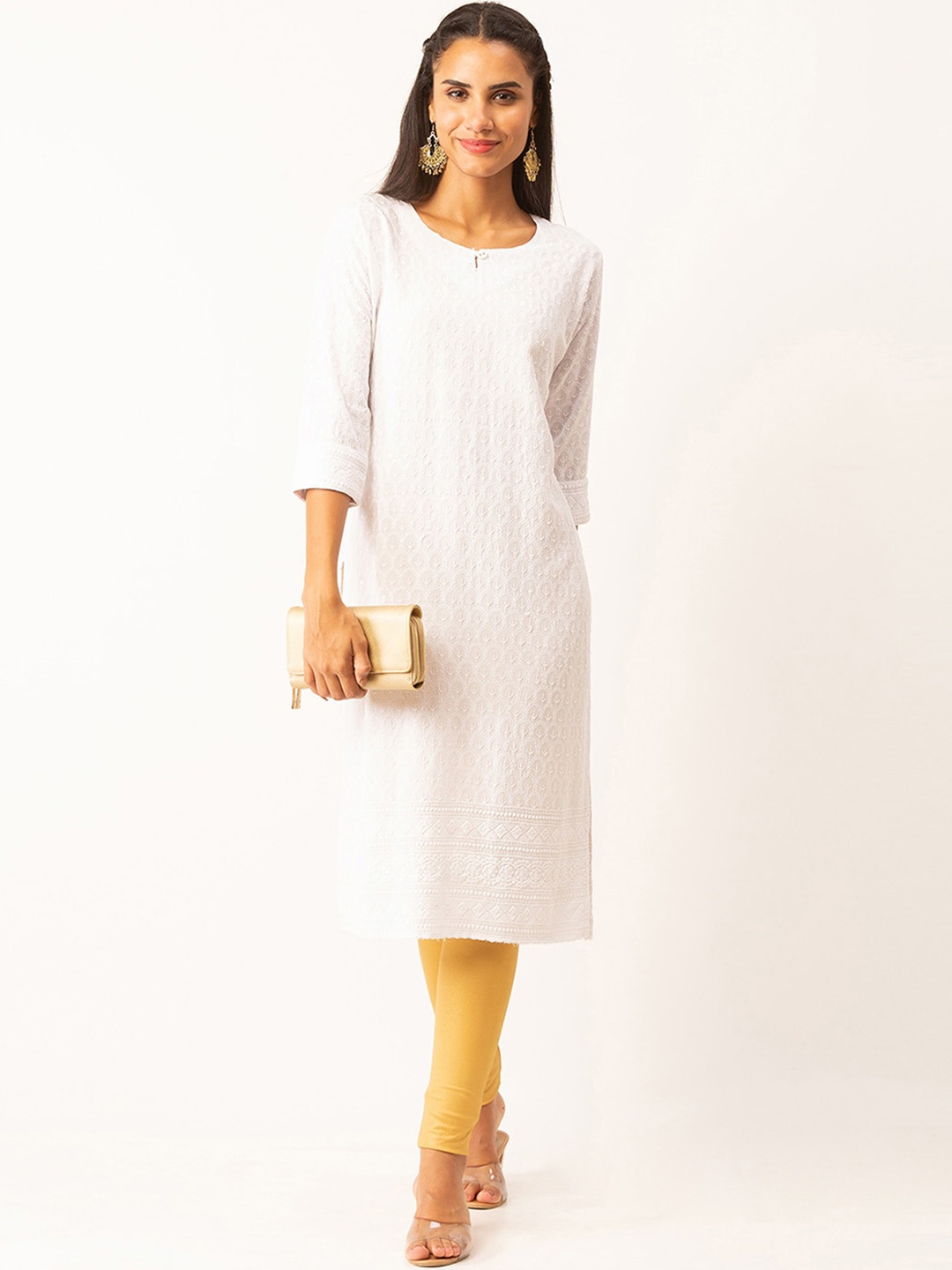 

ODETTE Ethnic Motifs Embroidered Straight Kurta, White