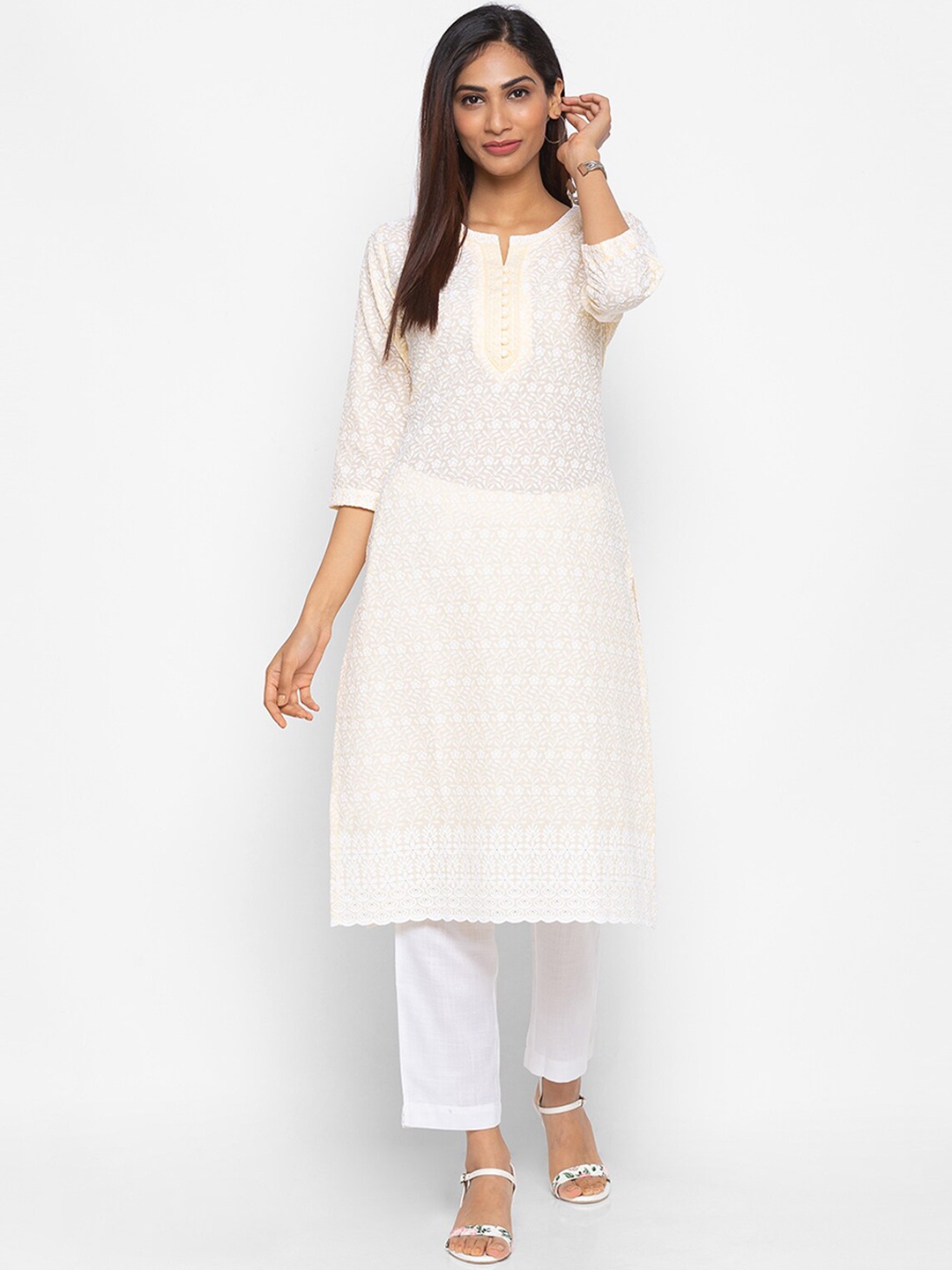 

ODETTE Ethnic Motifs Embroidered Straight Cotton Kurta, Yellow