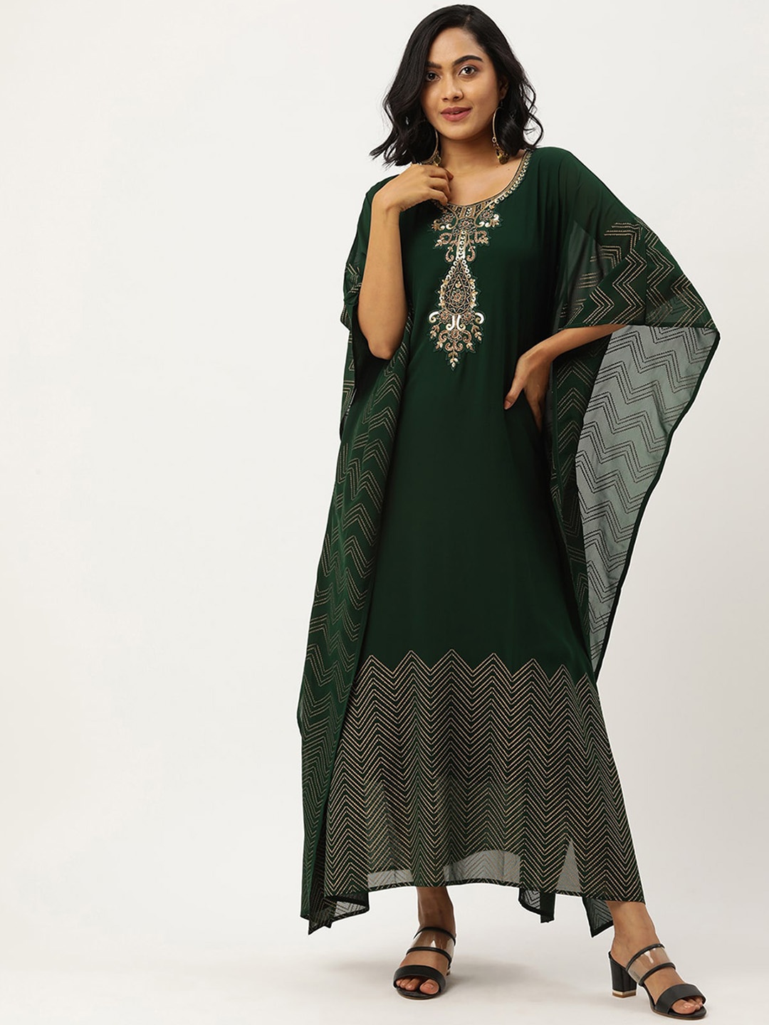 

ODETTE Chevron Printed Flared Sleeves Georgette Kaftan Kurta, Green