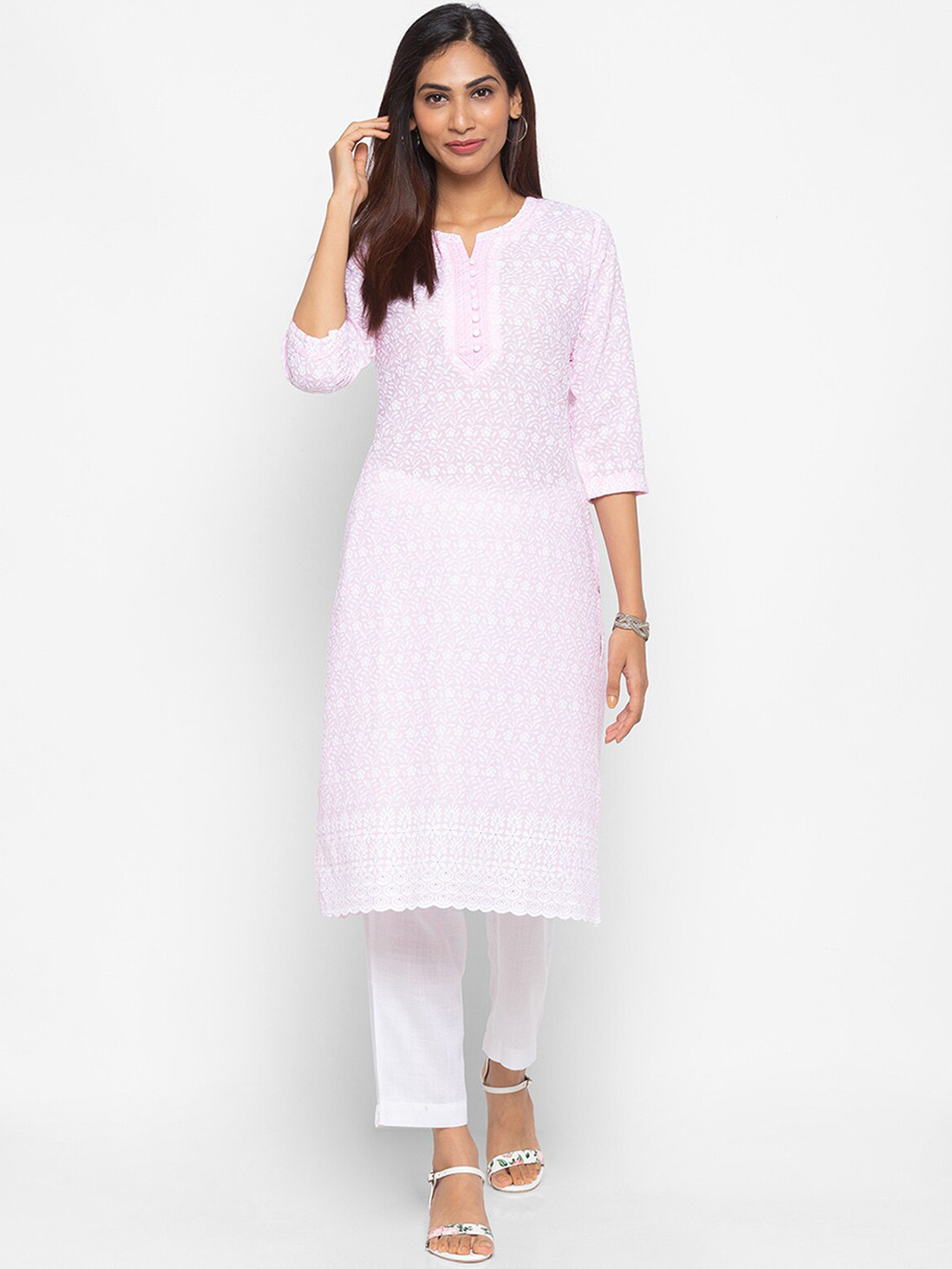 

ODETTE Floral Motifs Embroidered Straight Kurta, Pink