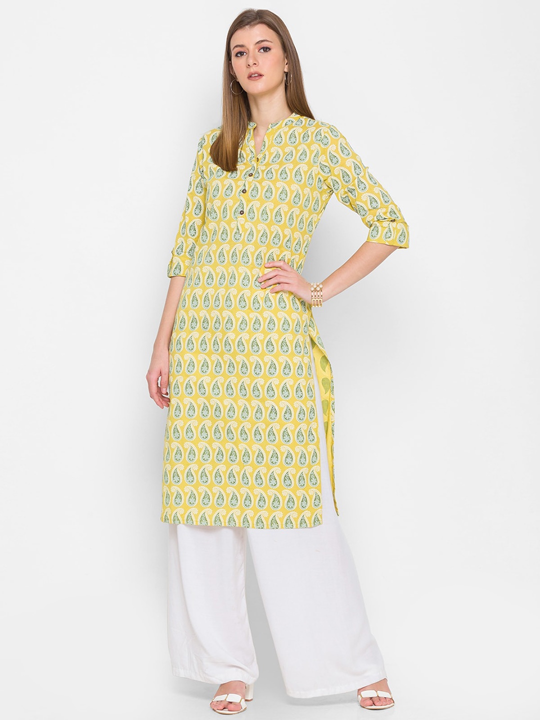 

ODETTE Ethnic Motifs Printed Mandarin Collar Roll-Up Sleeves Straight Kurta, Mustard