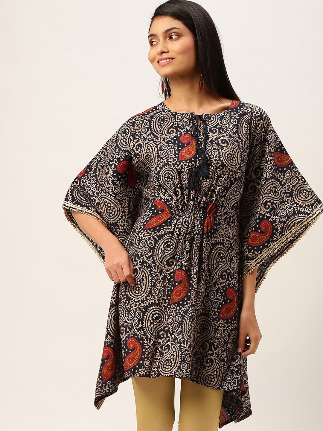

ODETTE Paisley Printed Gotta Patti Kaftan Kurta, Navy blue