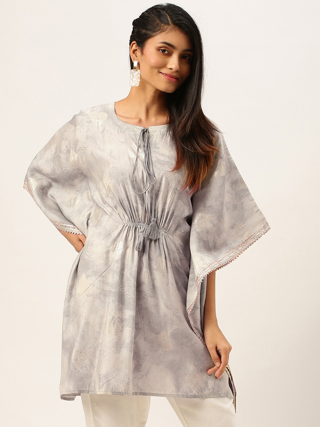 

ODETTE Abstract Printed Keyhole Neck Flared Sleeves Gotta Patti Kaftan Kurta, Grey