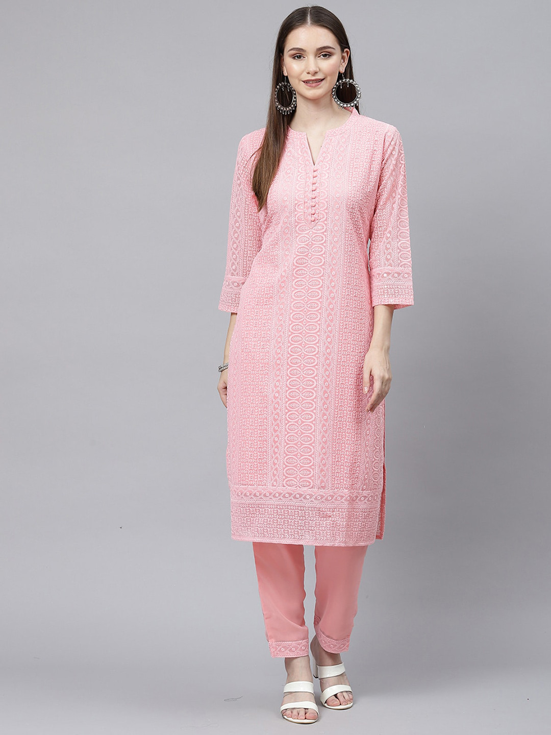 

ODETTE Ethnic Embroidered Straight Kurta, Pink