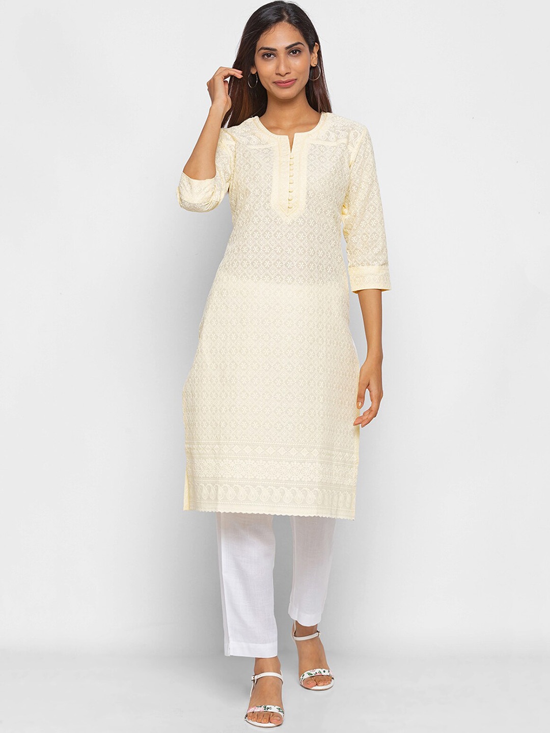 

ODETTE Geometric Embroidered Chikankari Straight Kurta, Yellow