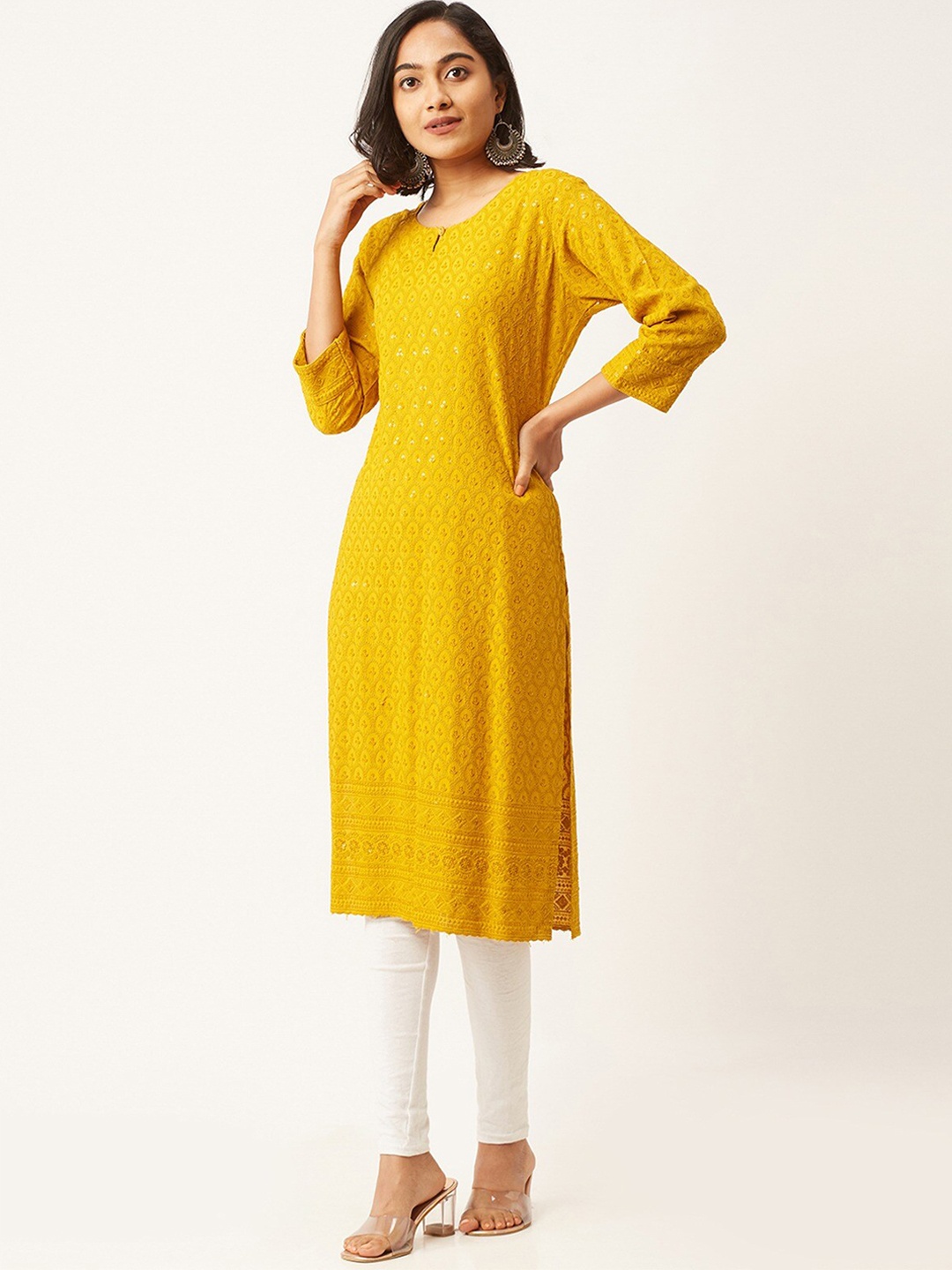 

ODETTE Ethnic Motifs Embroidered Keyhole Neck Sequinned Kurta, Mustard