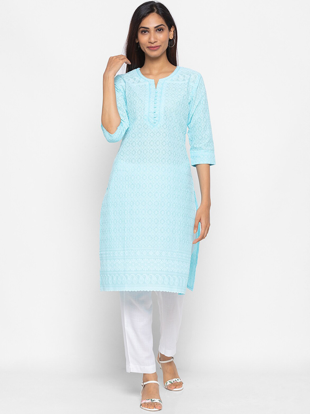 

ODETTE Ethnic Motifs Embroidered Chikankari Straight Kurta, Blue