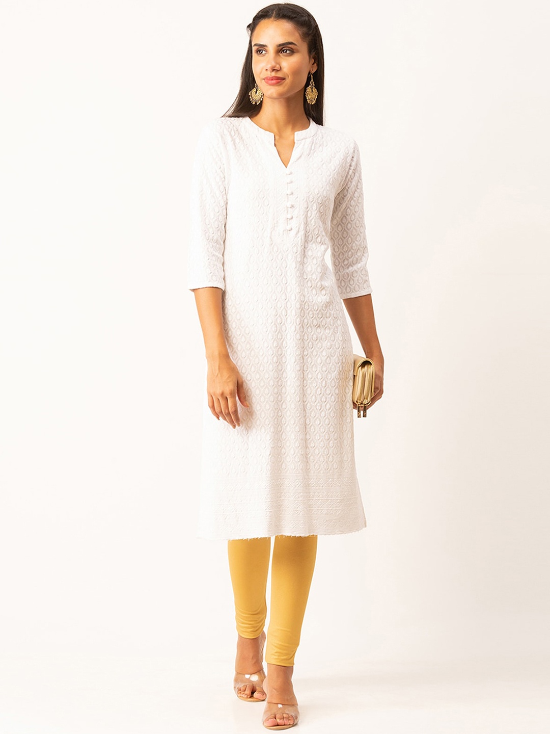 

ODETTE Ethnic Motifs Embroidered Chikankari Straight Kurta, White