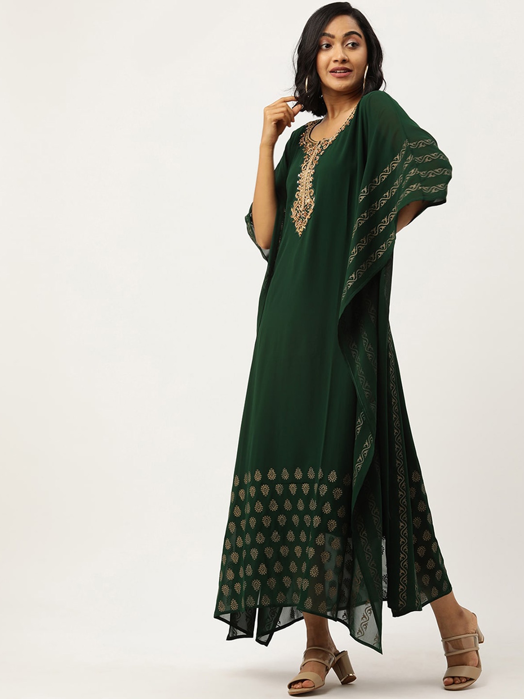 

ODETTE Ethnic Motifs Printed Kimono Sleeves Kaftan Ethnic Dress, Green