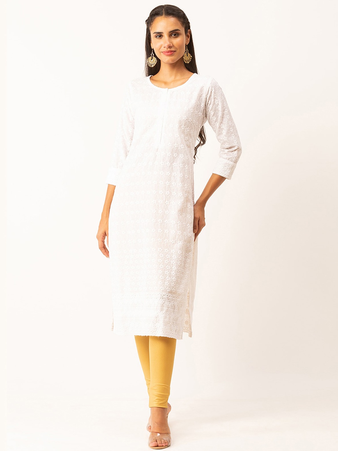 

ODETTE Ethnic Motifs Embroidered Straight Kurta, White