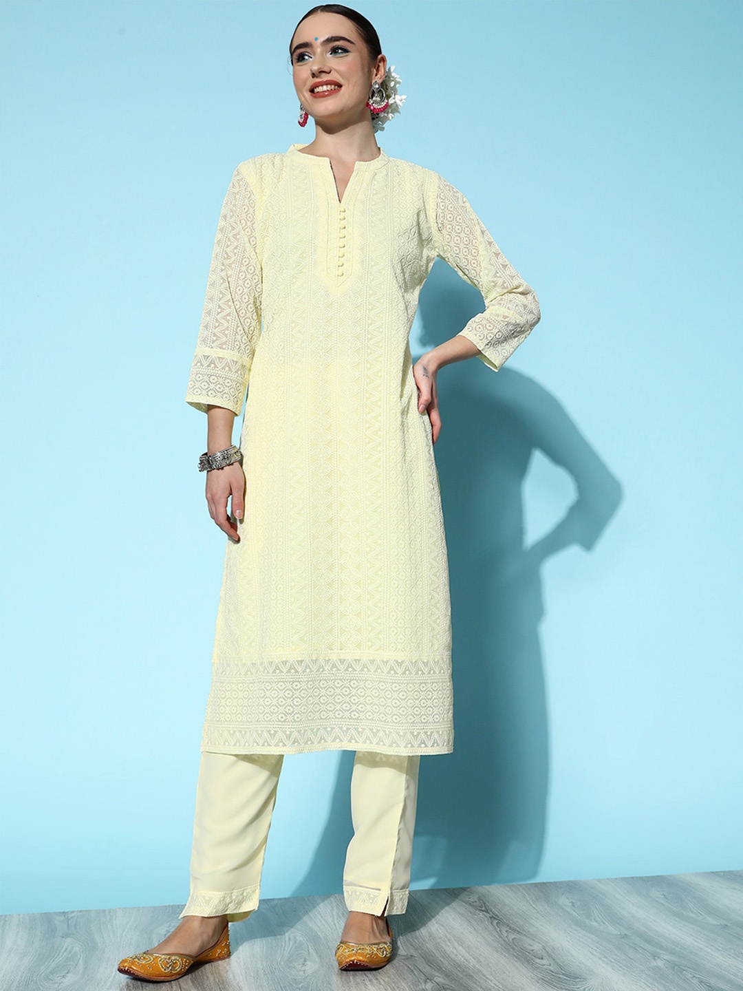 

ODETTE Ethnic Embroidered Straight Kurta With Trousers, Yellow