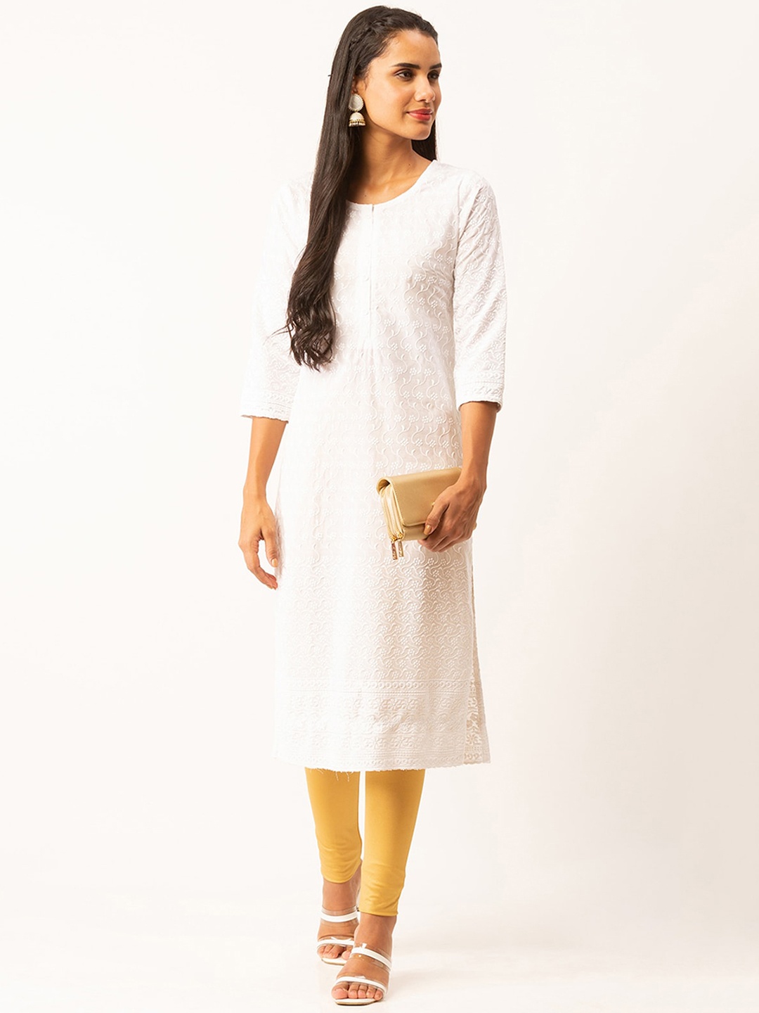 

ODETTE Floral Embroidered Cotton Straight Kurta, White