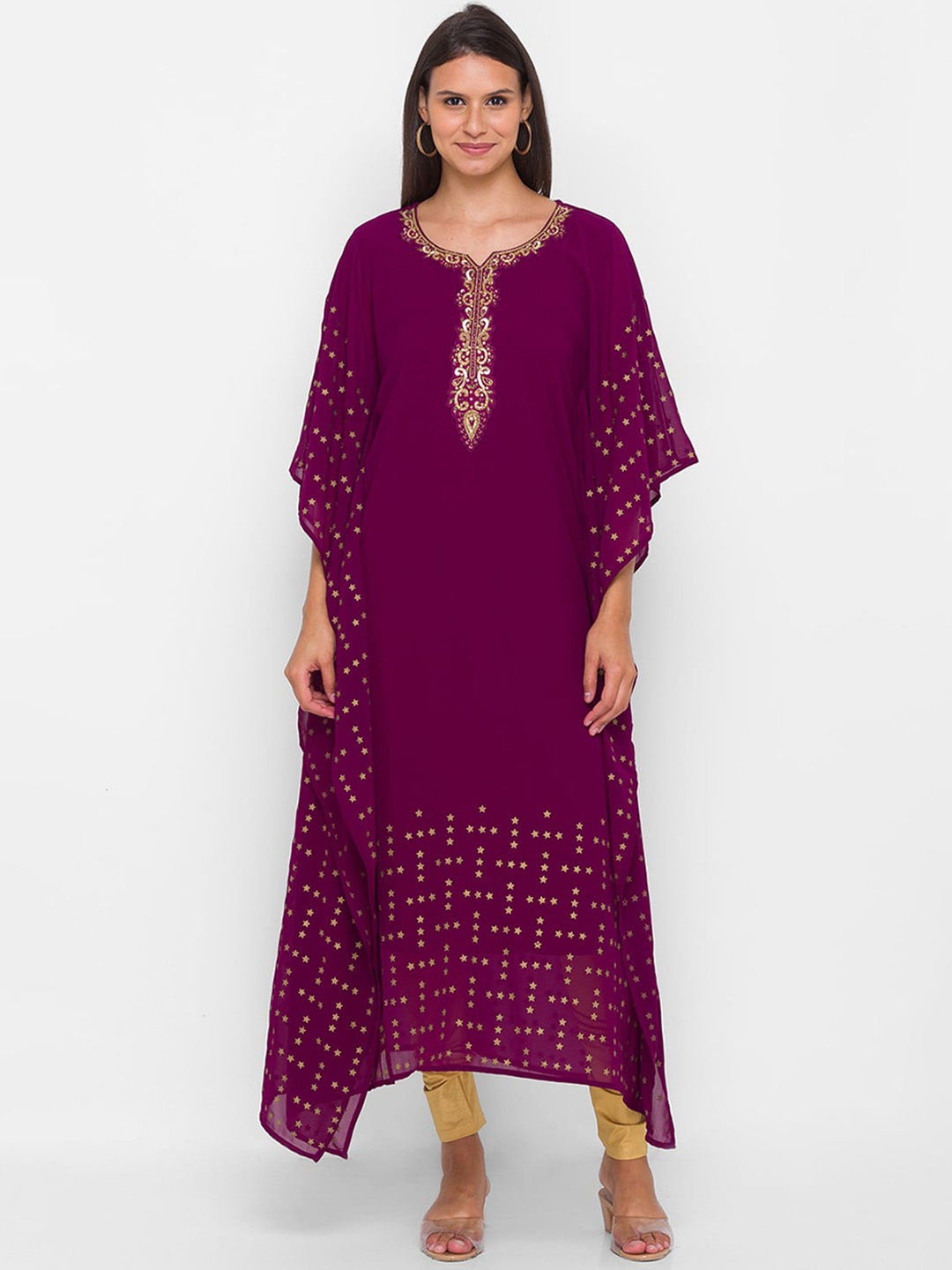 

ODETTE Women Magenta Geometric Flared Sleeves Thread Work Georgette Kurta