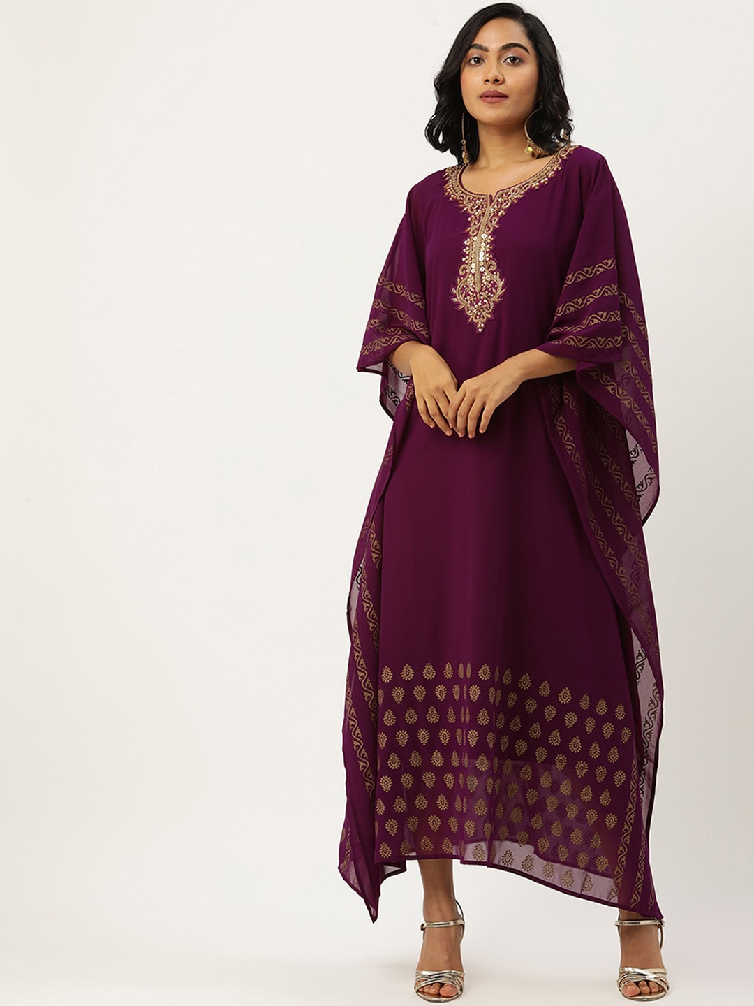 

ODETTE Ethnic Motifs Embroidered Flared Sleeves Beads and Stones Georgette Kurta, Magenta