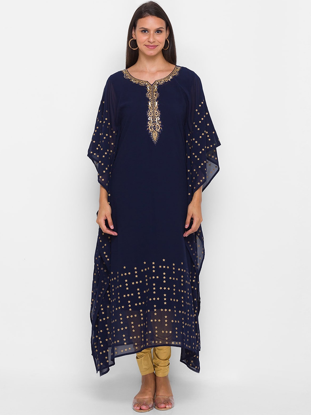 

ODETTE Yoke Design Flared Sleeves Thread Work Kurta, Navy blue