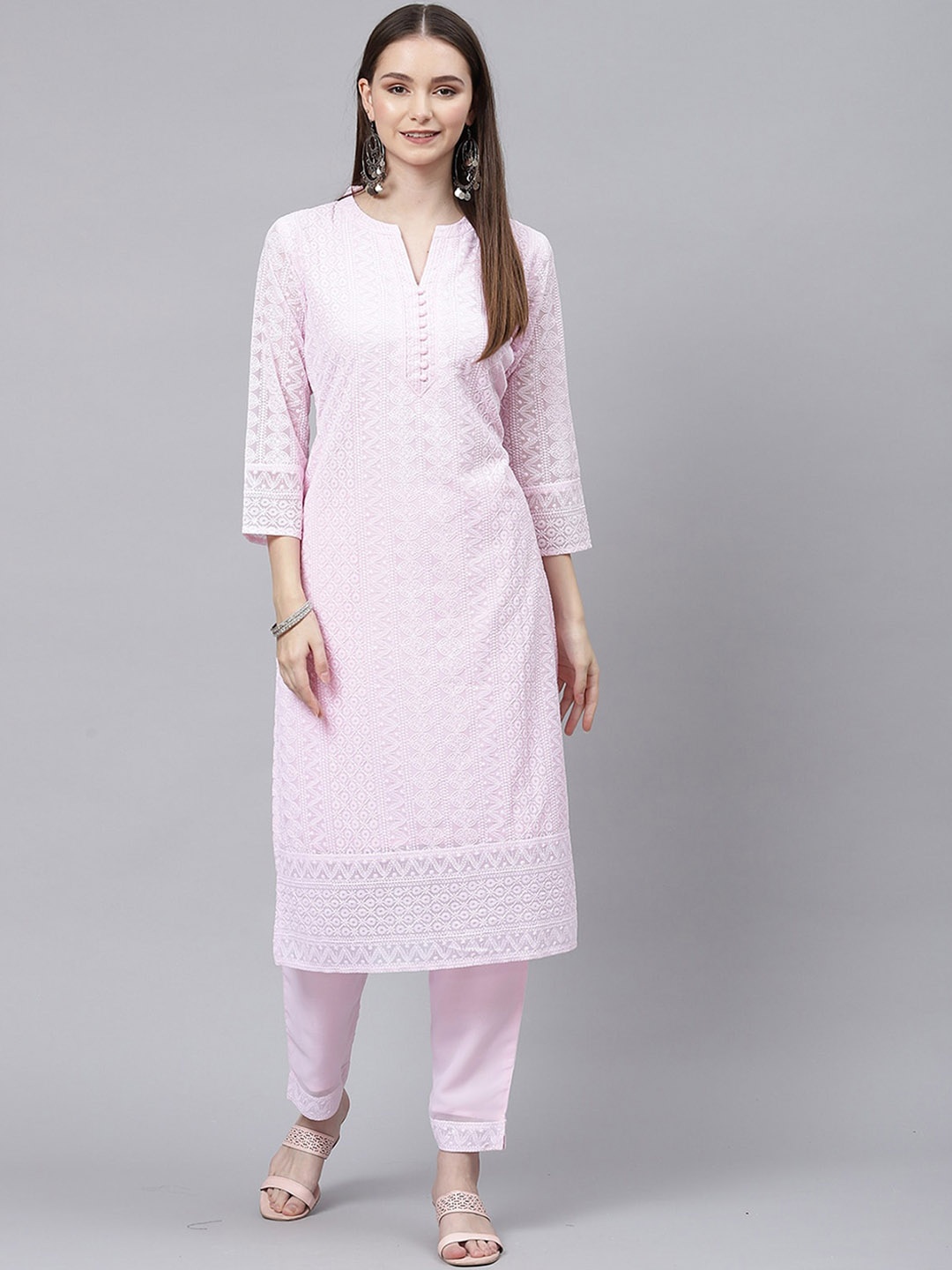 

ODETTE Geometric Embroidered Mandarin Collar Thread Work Straight Kurta, Pink