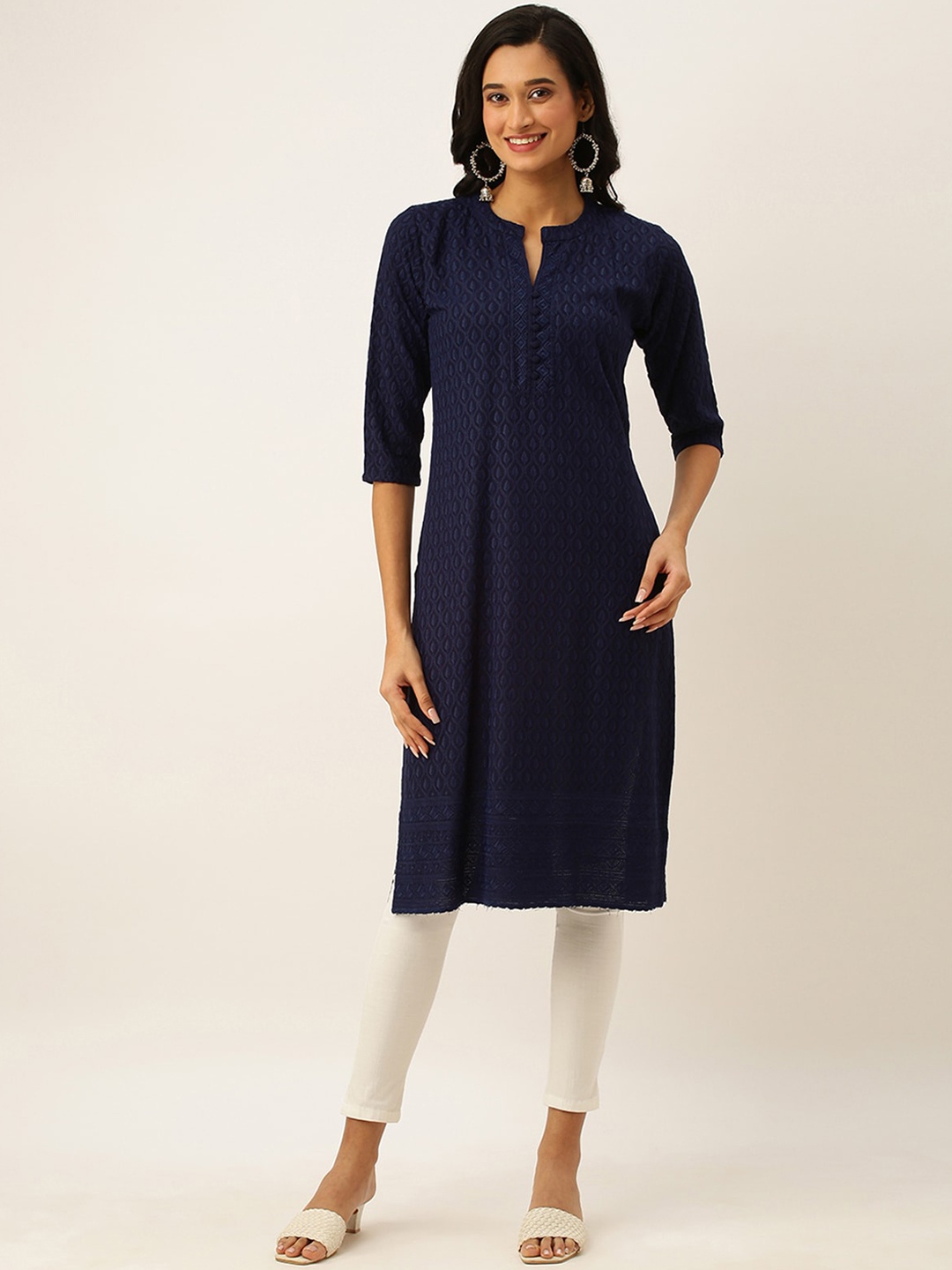 

ODETTE Ethnic Motifs Embroidered Thread Work Straight Kurta, Navy blue