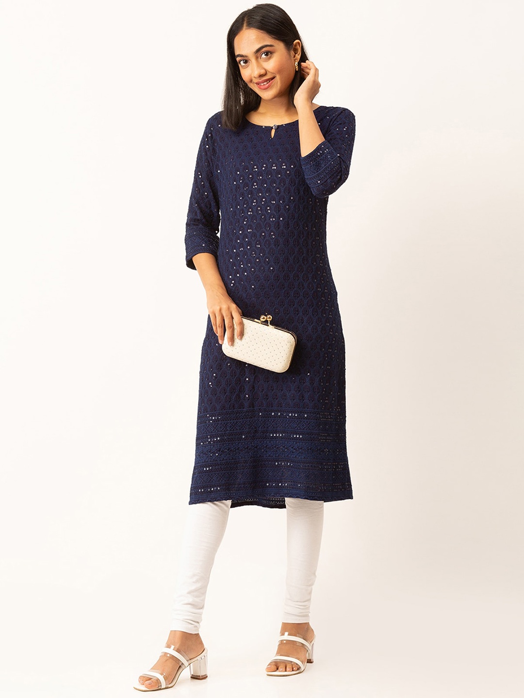 

ODETTE Ethnic Motifs Embroidered Keyhole Neck Sequinned Kurta, Navy blue