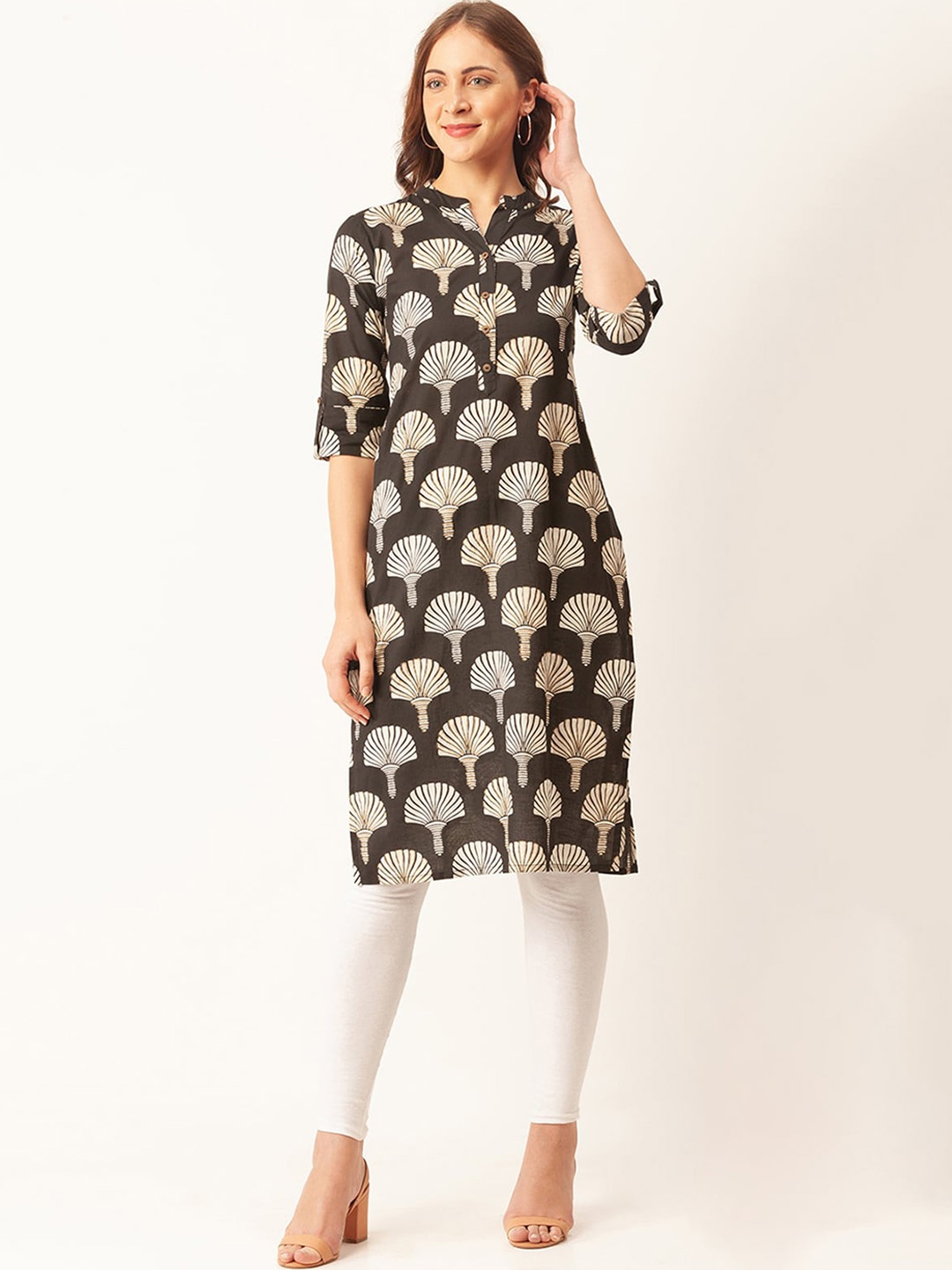 

ODETTE Ethnic Motifs Printed Straight Kurta, Black