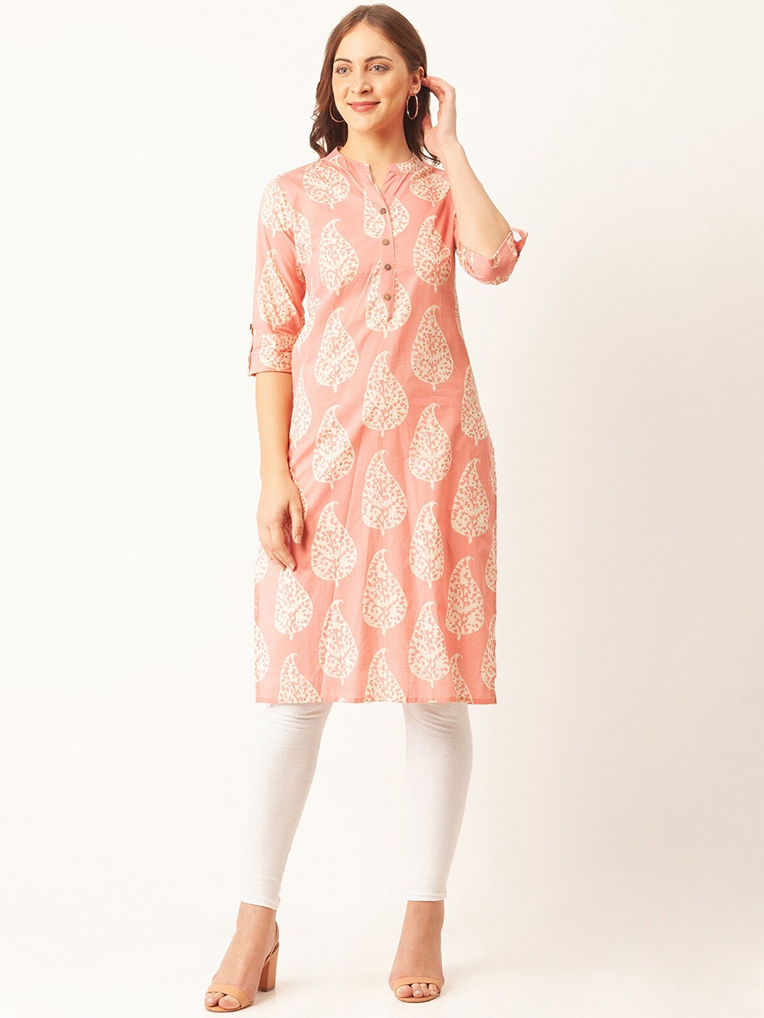 

ODETTE Ethnic Motifs Printed Mandarin Collar Roll-Up Sleeves Straight Kurta, Peach