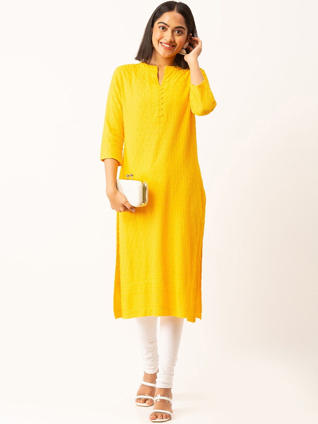 

ODETTE Floral Embroidered Thread Work Straight Kurta, Yellow