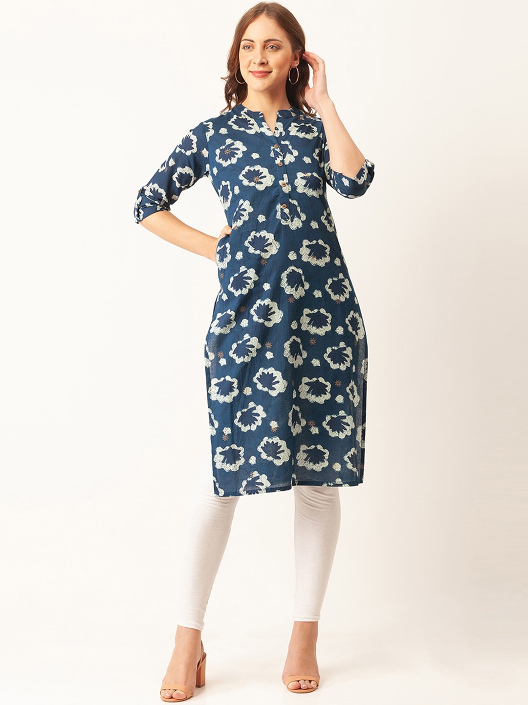 

ODETTE Floral Printed Straight Kurta, Blue