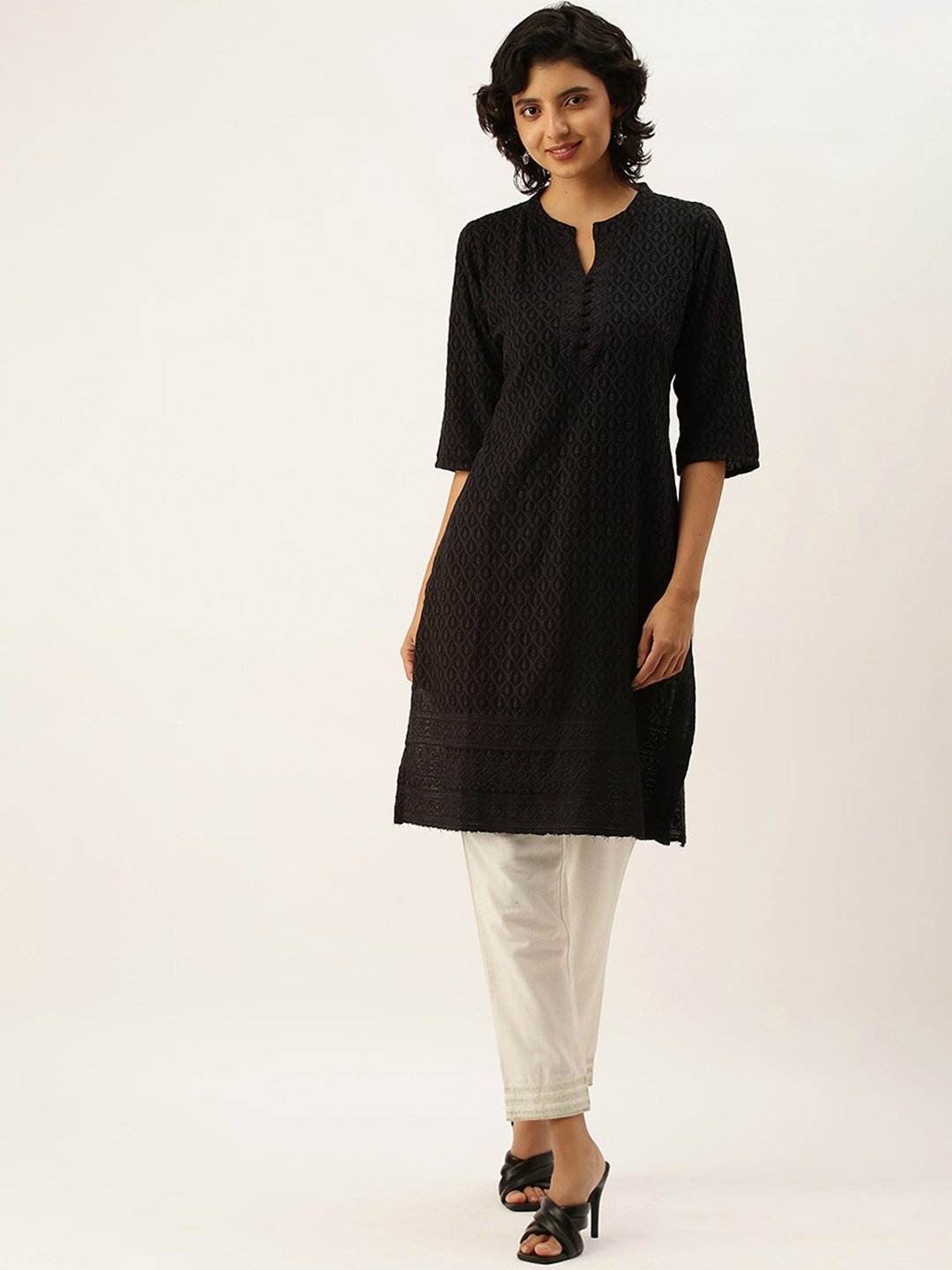

ODETTE Women Black Geometric Keyhole Neck Flared Sleeves Thread Work Kurta