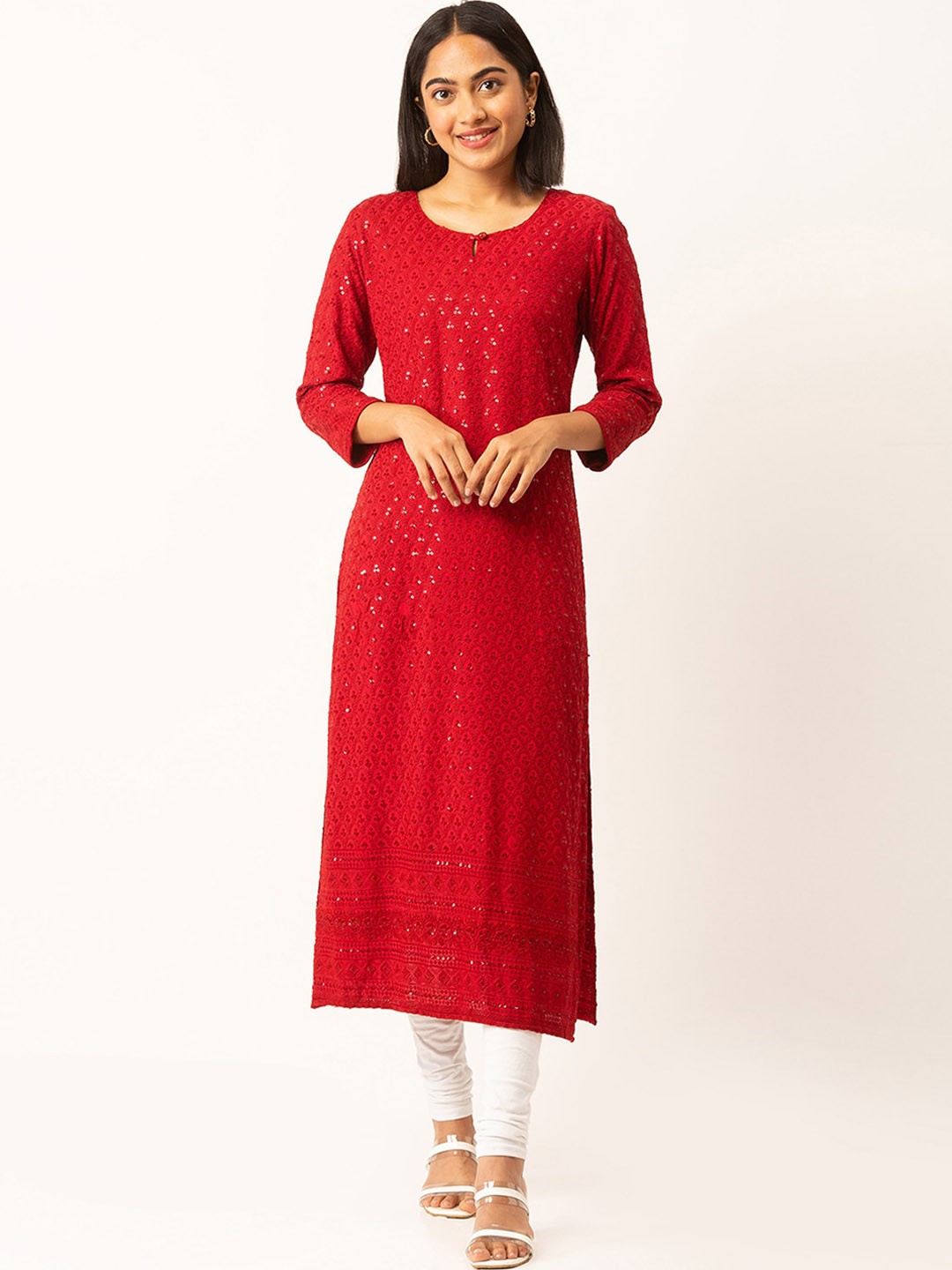 

ODETTE Ethnic Motifs Embroidered Straight Kurta, Maroon