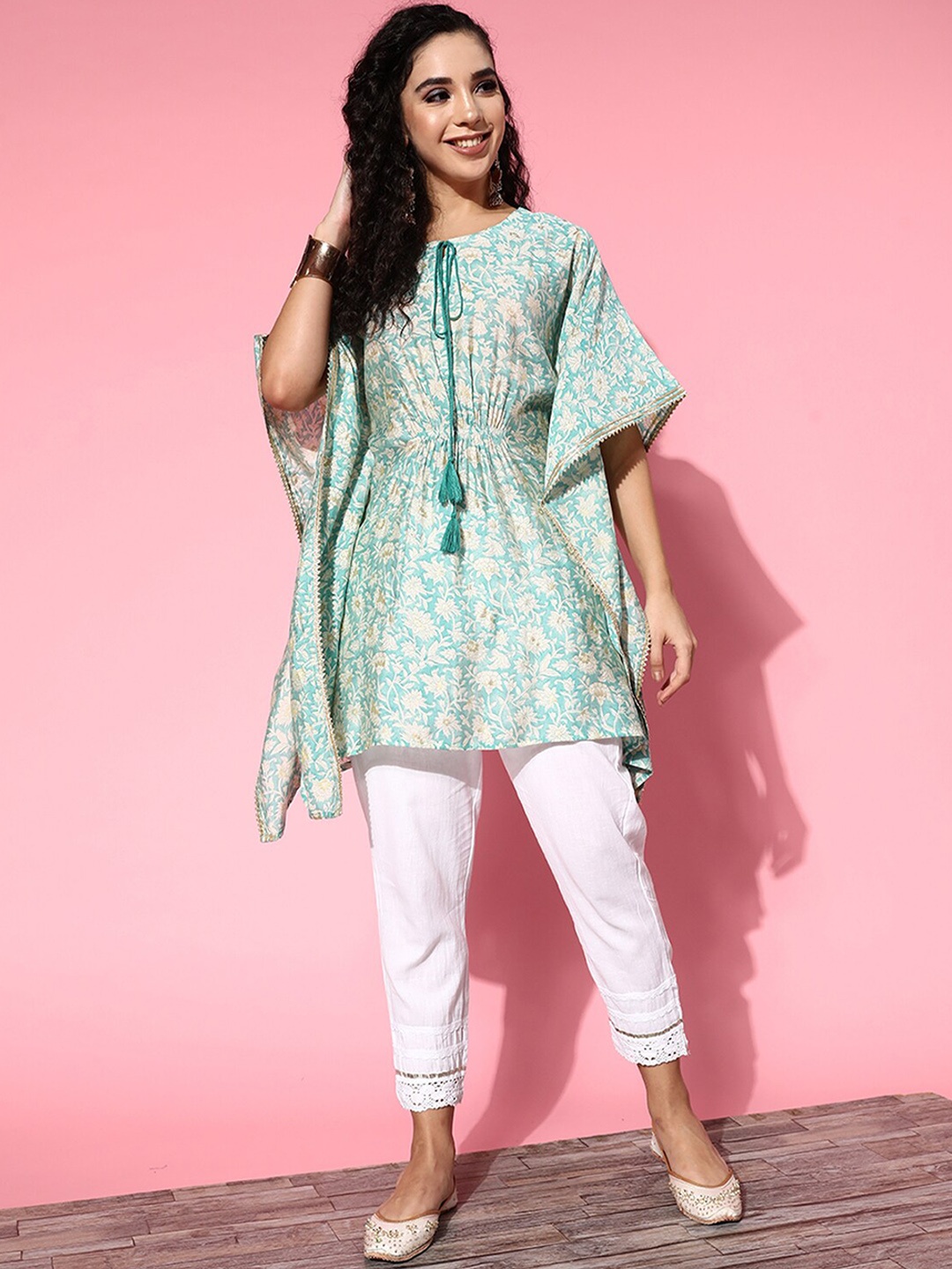 

ODETTE Floral Printed Tie-Up Neck Flared Sleeves Kaftan Kurta, Sea green