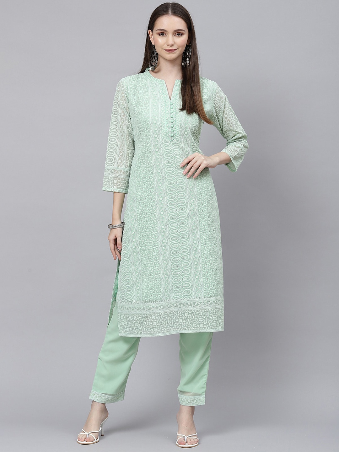 

ODETTE Ethnic Motifs Embroidered Sequinned Georgette Kurta, Green