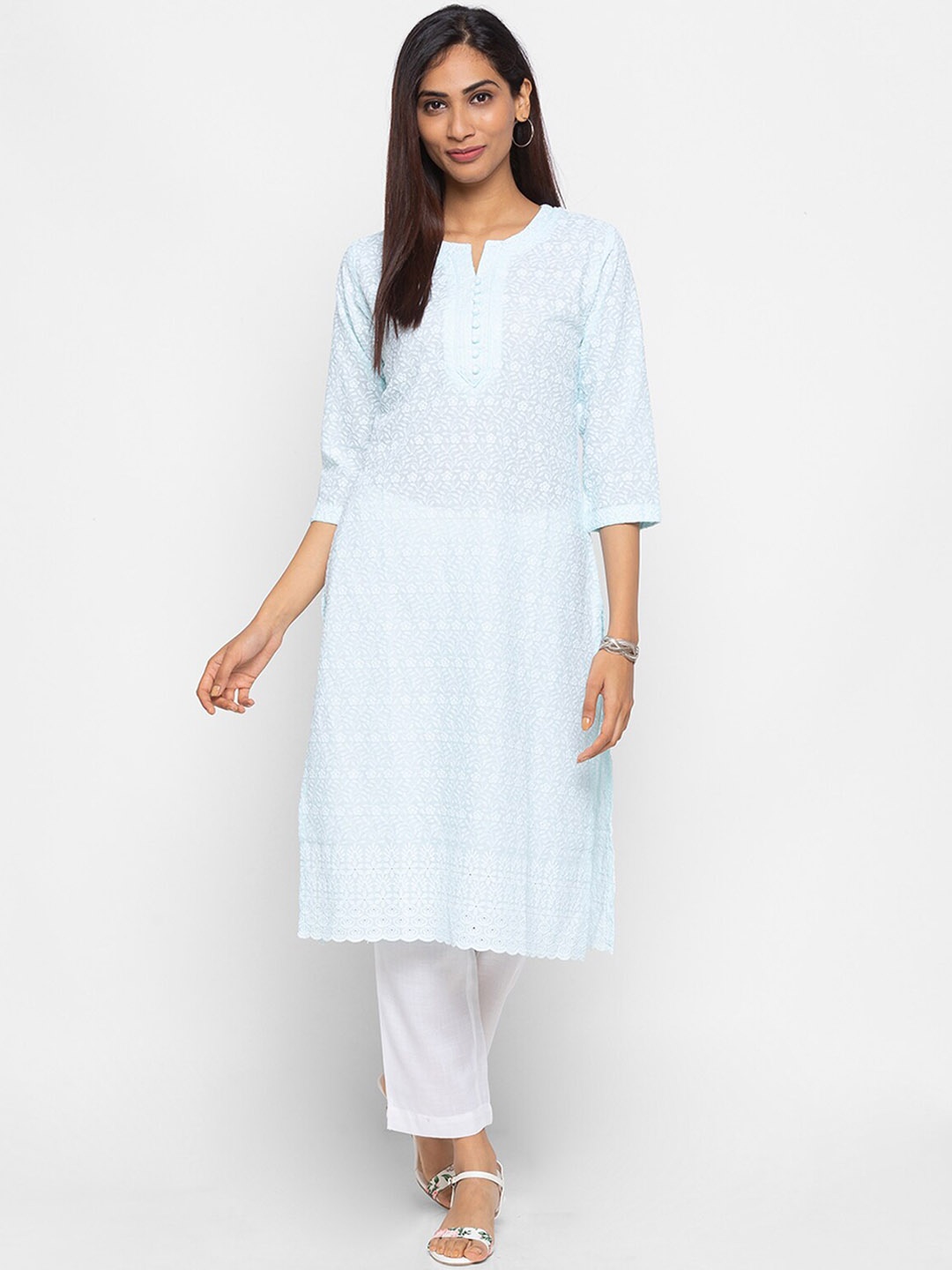 

ODETTE Ethnic Motifs Embroidered Cotton Straight Kurta, Blue