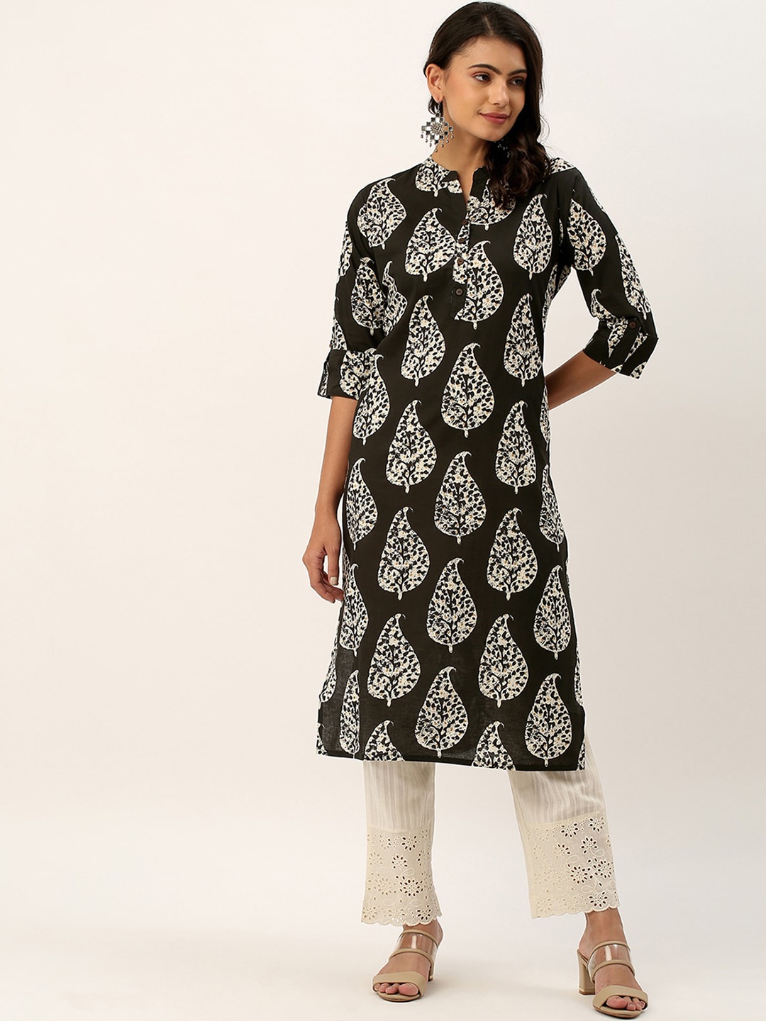 

ODETTE Ethnic Motifs Printed Straight Kurta, Black