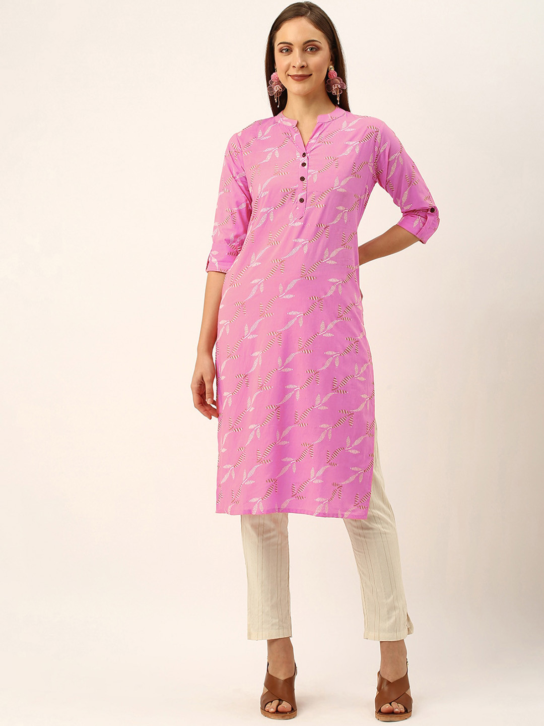 

ODETTE Floral Printed Mandarin Collar Roll Up Sleeves Kurta, Pink