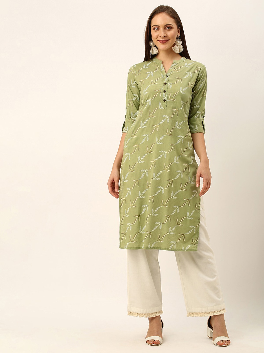 

ODETTE Abstract Printed Mandarin Collar Roll-Up Sleeves Straight Kurta, Green