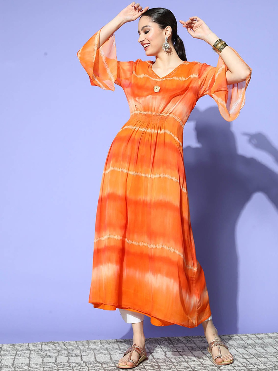 

ODETTE Dyed Flared Sleeves Anarkali Kurta, Orange
